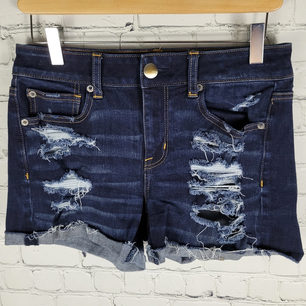AMERICAN EAGLE | Hi-Rise Shortie distressed destroyed frayed denim jean shorts